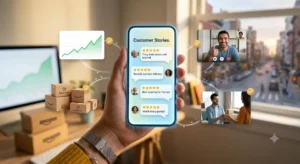 Digital marketing showing customer reviews, sales growth, online shopping, and customer engagement.