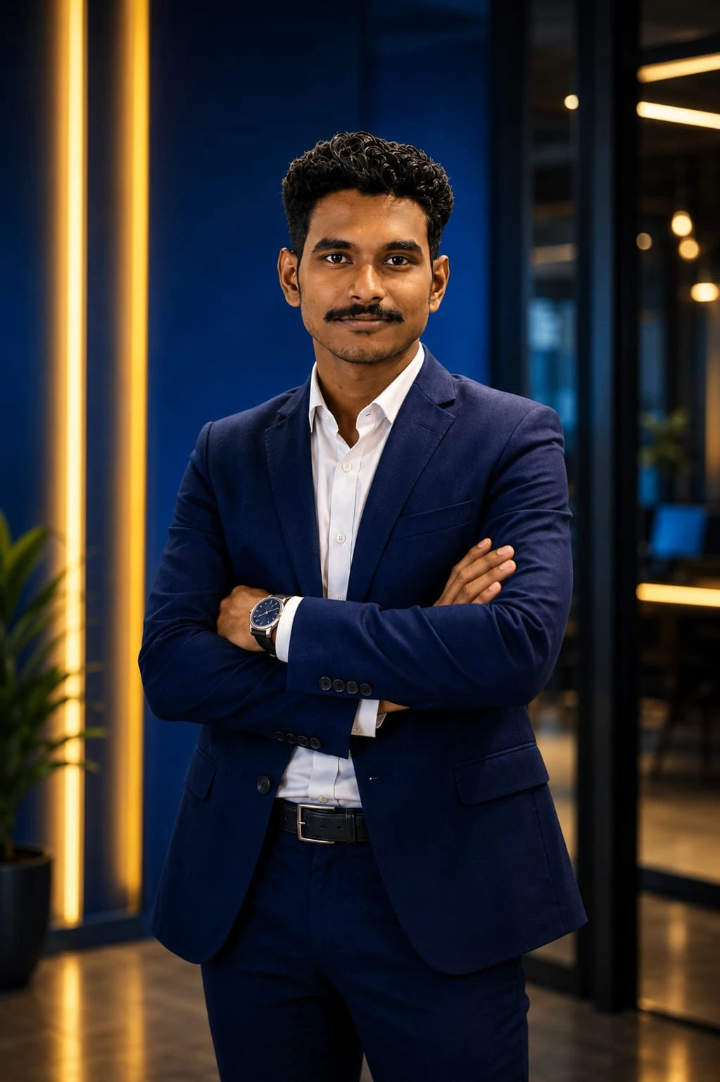 Best digital marketing specialist in Thrissur wearing a navy blue suit.